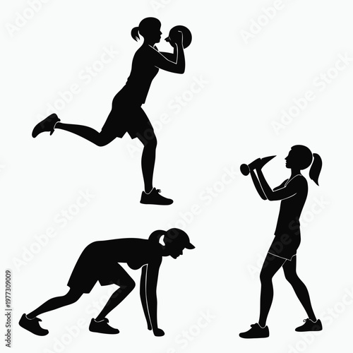 A fit woman performing various exercises with dumbbells in a vector graphic illustration