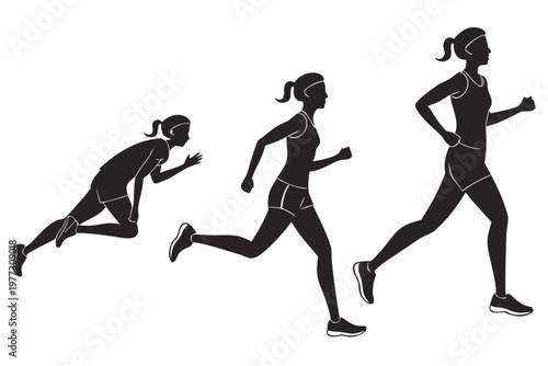 A vector graphic illustration of three women running in different poses, showcasing fitness and athleticism