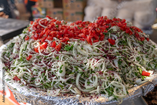 Fresh Onion and Parsley Salad Topped with Tomatoes at Street Food Stall