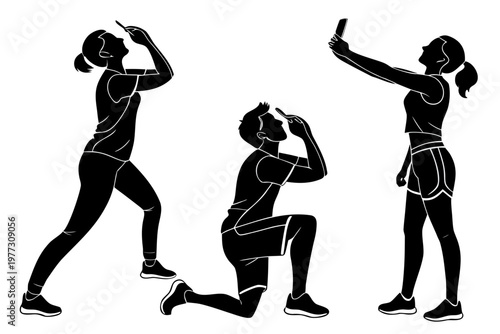 A vector graphic illustration of three people taking selfies in different poses