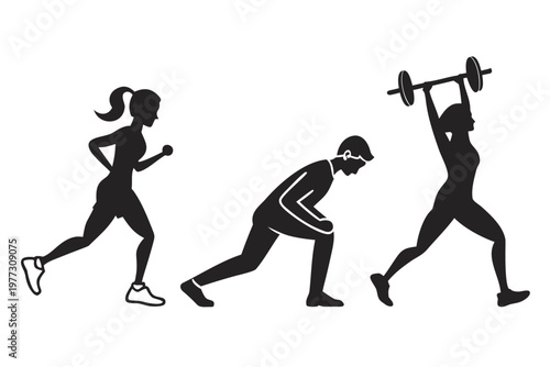 A vector graphic illustration of three fitness enthusiasts engaging in different exercises