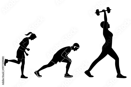 A vector graphic illustration of three people exercising in a fitness routine with dumbbells and running