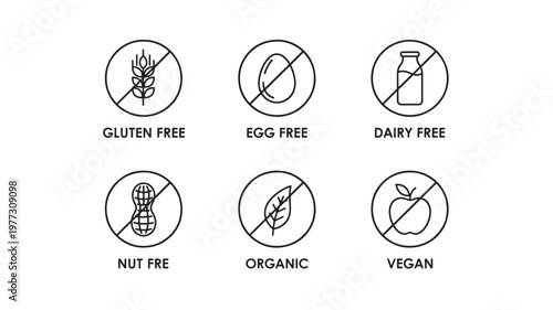 Icons set with gluten free, egg free, dairy free, nut free, organic, and vegan symbols against white background, graphic design elements