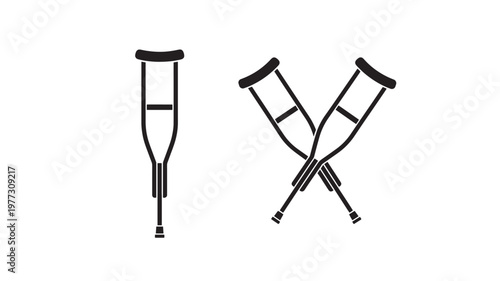Crutches medical icon with one standing and two crossed crutches, symbolizing recovery and mobility aid.