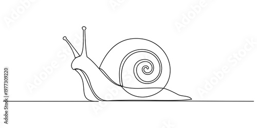 A single continuous line drawing depicting a snail with a spiral shell moving slowly forward