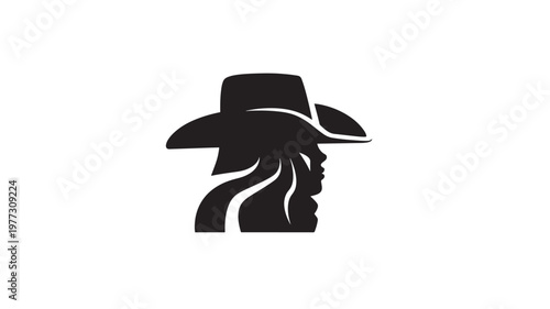 Cowboy hat silhouette with flowing hair and profile, evoking a sense of mystery and western spirit. featuring country, music, rodeo with fashion and