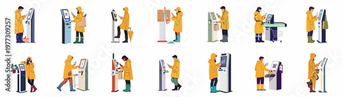 Collection of people in yellow raincoats using various automated self-service kiosks, payment terminals, and scanning QR codes with their smartphones.