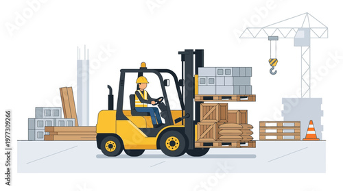 Forklift Operator Transporting Goods on Pallets at a Construction Site. Vector Illustration of Logistics, Warehouse Management, and Industrial Work.