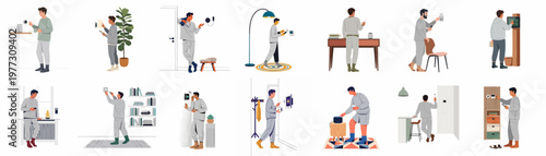 Set of vector illustrations depicting a man interacting with various smart home devices, including smart speakers, thermostats, and security systems at home.