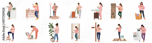 Set of flat vector illustrations featuring a young woman multitasking and managing household chores while tracking her time and activity on a smartwatch.