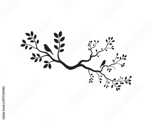 Black silhouette of a tree branch with two birds perched on its limbs and numerous small leaves scattered across the