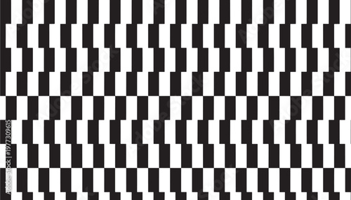 Checkered pattern with staggered blocks and optical illusion effect in black and white. featuring geometric, tessellation, seamless with abstract and