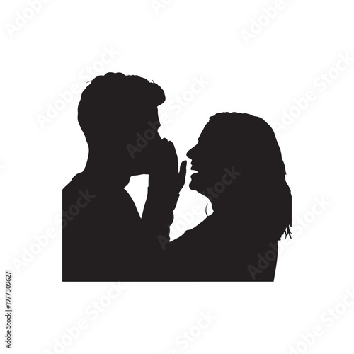 Silhouette of a man and woman in close proximity with hands touching and faces turned towards each other in a moment