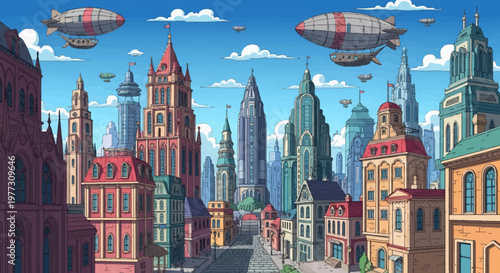 Futuristic Cityscape with Airships and Skyscrapers.