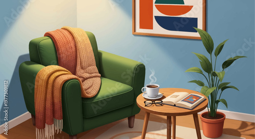 Green Armchair with Blanket and Side Table.