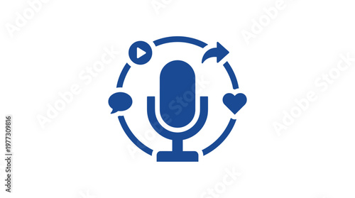 Blue microphone icon with social media symbols.