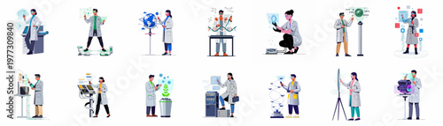 Collection of diverse scientists and engineers using futuristic virtual and augmented reality technologies for research, data analysis, and technical innovation in various professional fields.