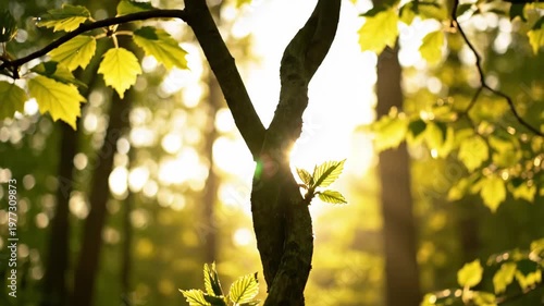 Closeup of Young Tree Branch with Fresh Leaves in Sunlit Forest