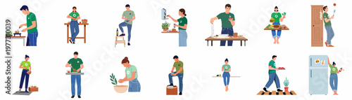 Collection of diverse characters engaged in kitchen activities like cooking, food preparation, and eating, depicted in a modern flat vector illustration style.
