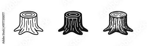 Tree stump icons set in outline, solid, and hand-drawn style