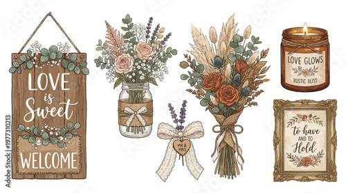 Boho Rustic Wedding Decoration Bundle Earth Tone Clipart Isolated for Invitation Design