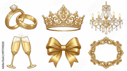 Luxury Gold Wedding Elements Set Rings Champagne Chandelier Crown Vector Clipart Collection