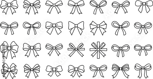 bow and ribbon outline icon set, collection of decorative line knots for gifts and greeting card design on transparent background
