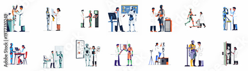 Comprehensive collection of flat vector illustrations depicting scientists and engineers interacting with humanoid robots in modern laboratory and research environments.