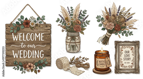 Rustic Wedding Elements Set Wooden Sign Mason Jar Flowers Lace Ribbon Vintage Vector Collection