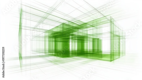 Abstract architectural design, green lines, white background