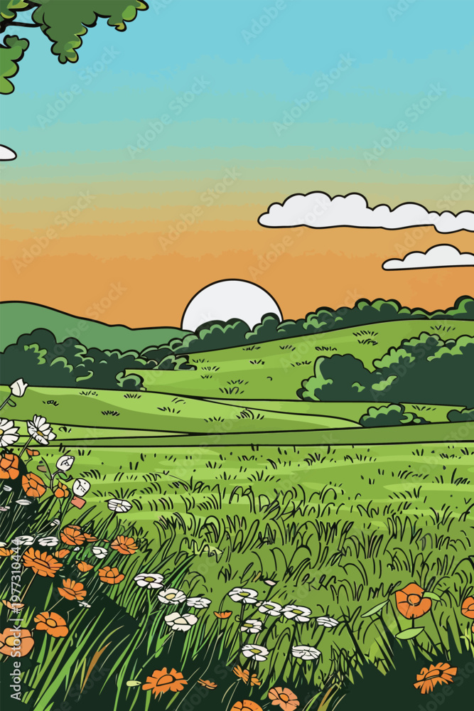 Naklejka premium Sunset Over Lush Green Countryside with Flowers
