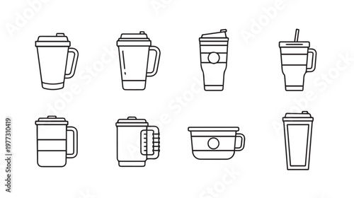 Collection of diverse disposable coffee cup icons and line art designs for beverage branding