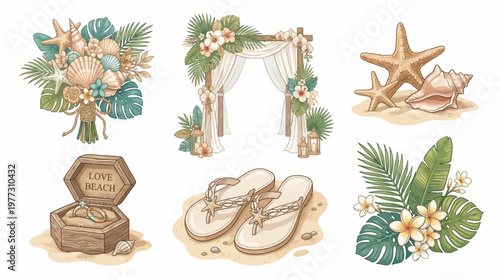 Beach Wedding Elements Set Seashell Bouquet Palm Arch Tropical Vector Collection