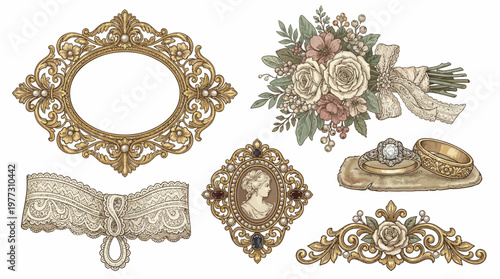 Vintage Victorian Wedding Elements Set Ornate Frame Lace Bouquet Antique Vector
