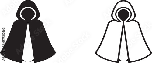 Invisibility cloak flat black silhouette and outline icon set, isolated vector on white background.