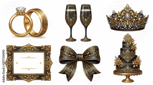 Black Gold Wedding Elements Set Luxury Rings Champagne Crown Elegant Vector Collection