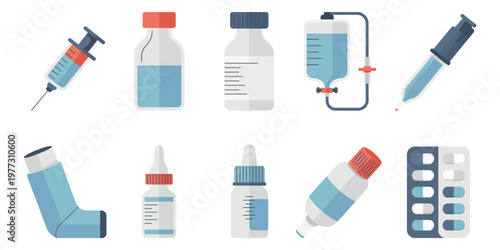 Pharmaceutical drug delivery icons featuring vaccine vial insulin pen IV saline bag nasal spray in sky blue light gray red for medical treatment design.