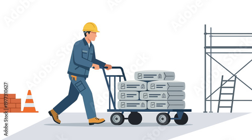Construction Worker Pushing Heavy Trolley with Cement Bags on Building Site, Vector Illustration of Builder in Safety Gear at Work