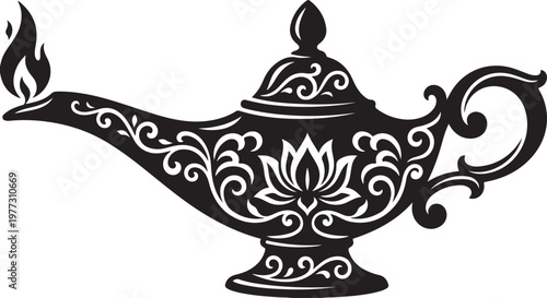 Decorative oil lamp with ornate swirling patterns and a lotus flower motif, emitting flame