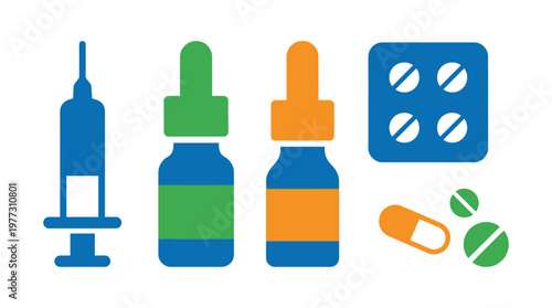 Medical supplies and pills icons.