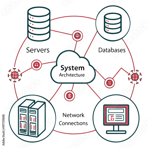 Photos A vector graphic illustrating system architecture with servers, databases, netwo