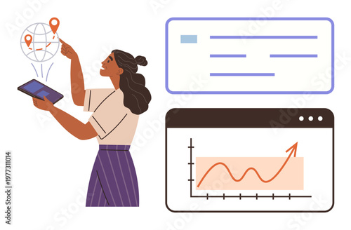 Data analysis, global tracking, digital marketing, business growth, analytics visualization, geolocation services. Woman using a tablet with geolocation points and charts. Data analysis and global