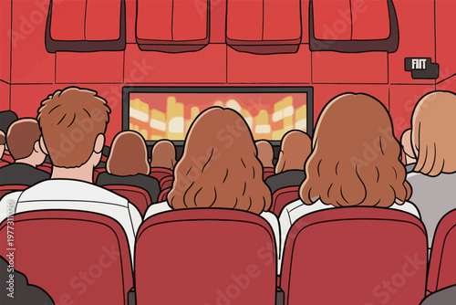 Audience in Red Cinema Seats Watching Movie