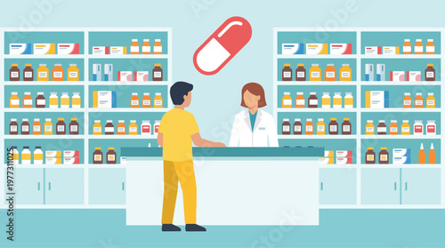 Pharmacist and customer in a pharmacy.