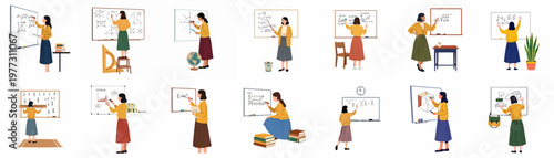 Set of flat vector illustrations of a female teacher explaining various math, physics, and statistics concepts on a whiteboard.