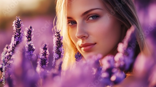 Woman in a lavender field, golden light