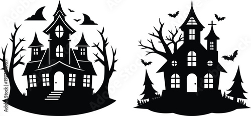 Haunted House Silhouette Halloween Spooky Vector Illustration Set