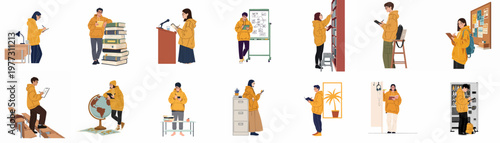Flat illustration set of diverse students in yellow hoodies engaged in various academic activities like studying, reading, and presenting in library and classroom settings.