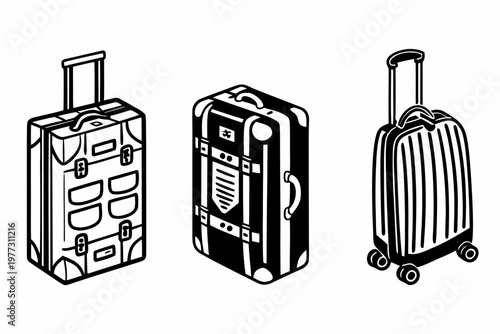 A set of three minimalist luggage icons in black and white, featuring a suitcase, a rolling bag, and a travel trunk.