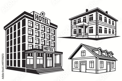 A black and white vector illustration of three different hotel buildings in a minimalist style